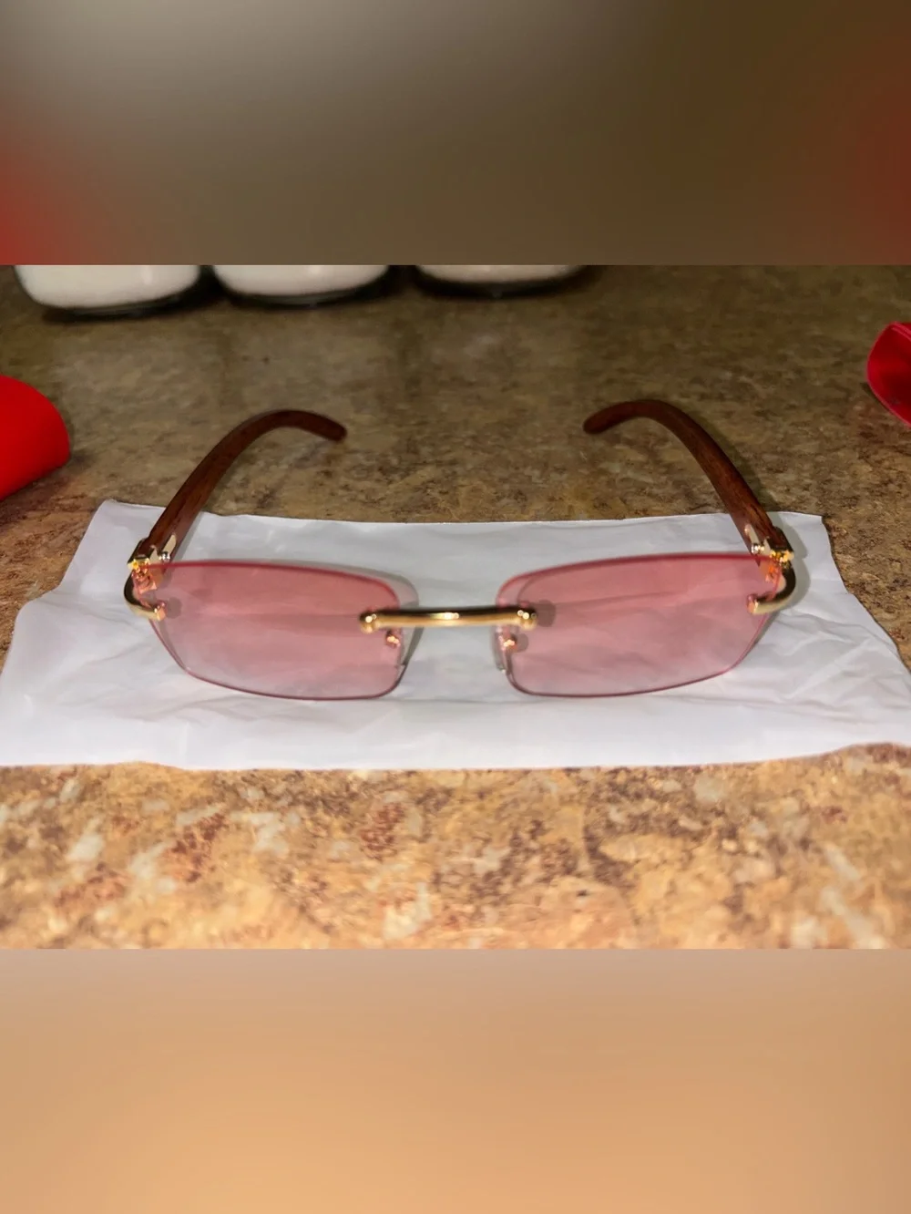 SLNP Gallery Gold Rim Rimless Sunglasses with Pink Lenses